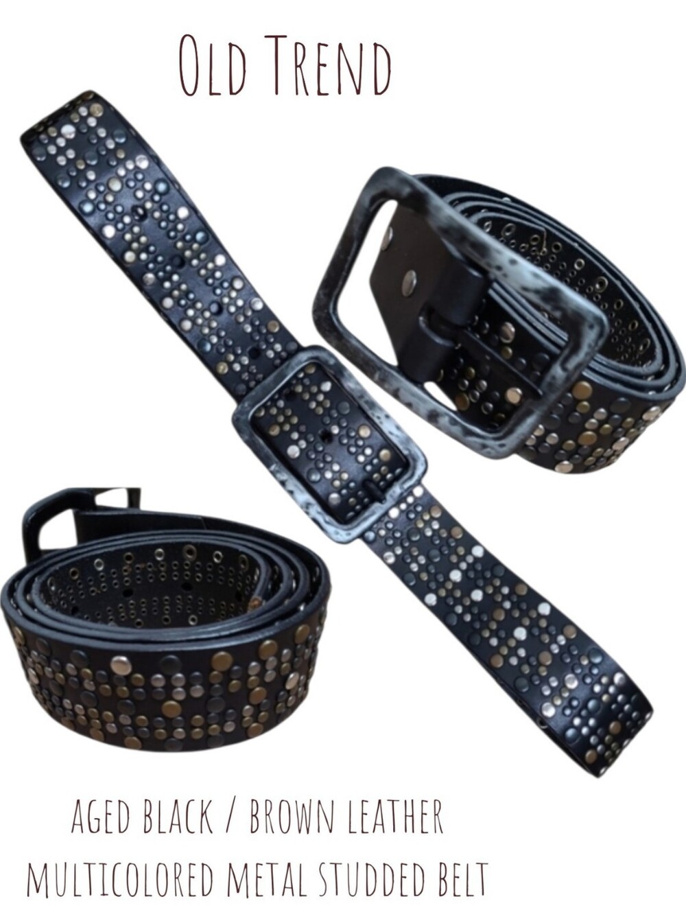 Old Trend women's aged black / brown leather multicolored metal studded belt